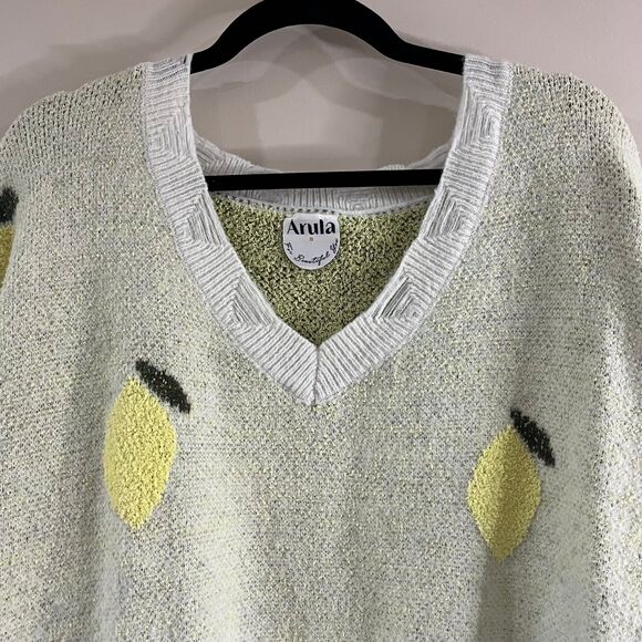 Arula Yellow Lemon Distressed V-Neck Sweater size 2X - Picture 2 of 6